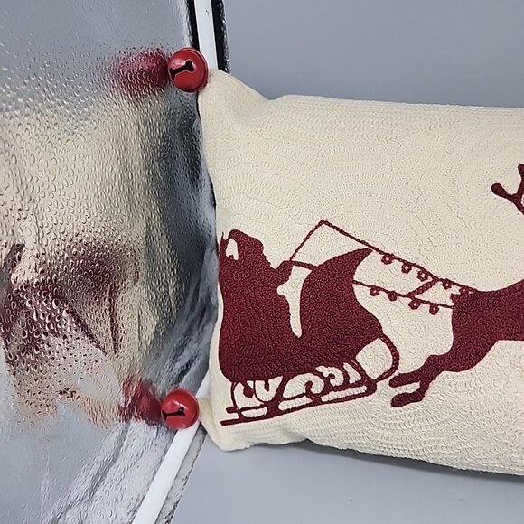Pottery Barn Santa Reindeer Crewel Embroidered Holiday Lumbar Pillow 12x24" Bell - Picture 2 of 6